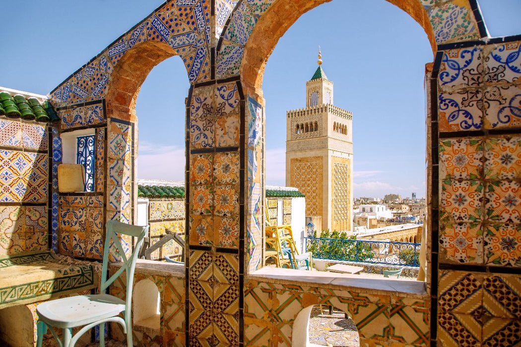 Premium Textil-Leinwand Café Panoramique und Große Moschee in Tunis