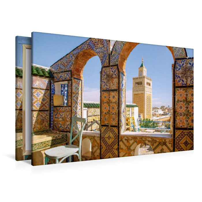 Premium Textil-Leinwand Café Panoramique und Große Moschee in Tunis