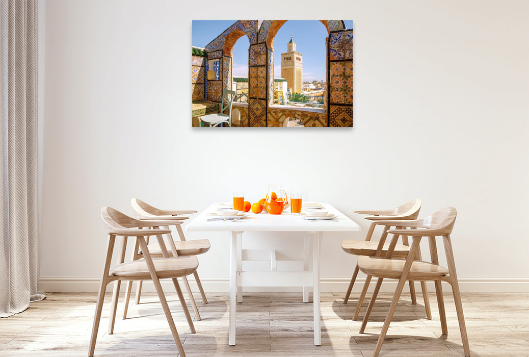 Premium Textil-Leinwand Café Panoramique und Große Moschee in Tunis