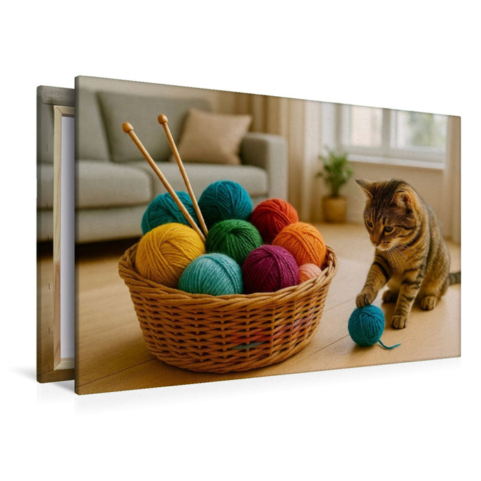 Premium Textil-Leinwand Eine Katze spielt mit der Wolle