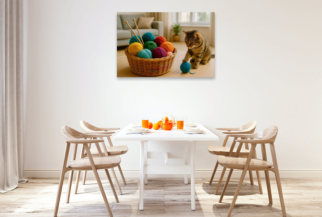 Premium Textil-Leinwand Eine Katze spielt mit der Wolle