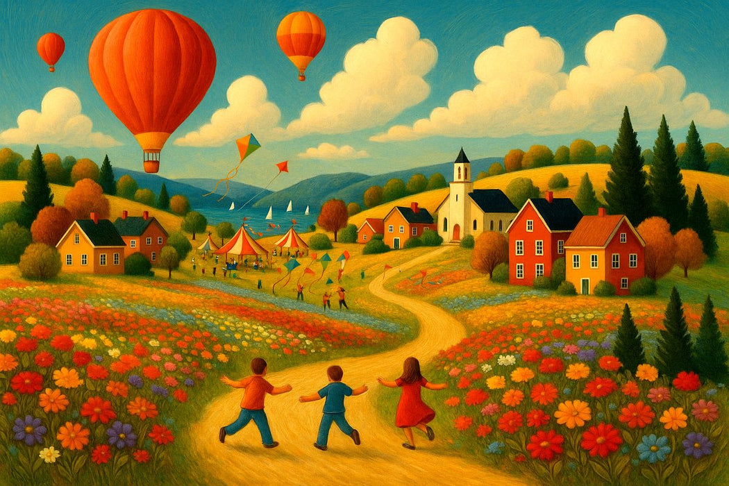 Premium Textil-Leinwand Felder, Farben, Heißluftballons