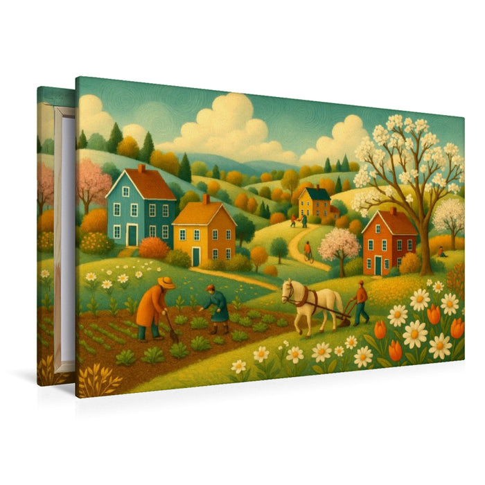 Premium Textil-Leinwand Frühlingspferde und erste Blüten