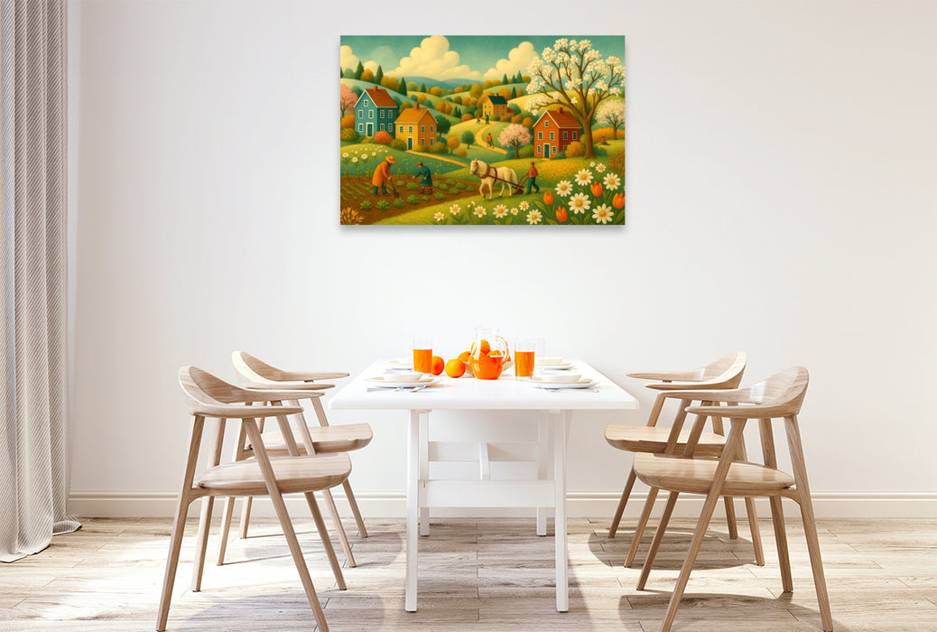 Premium Textil-Leinwand Frühlingspferde und erste Blüten