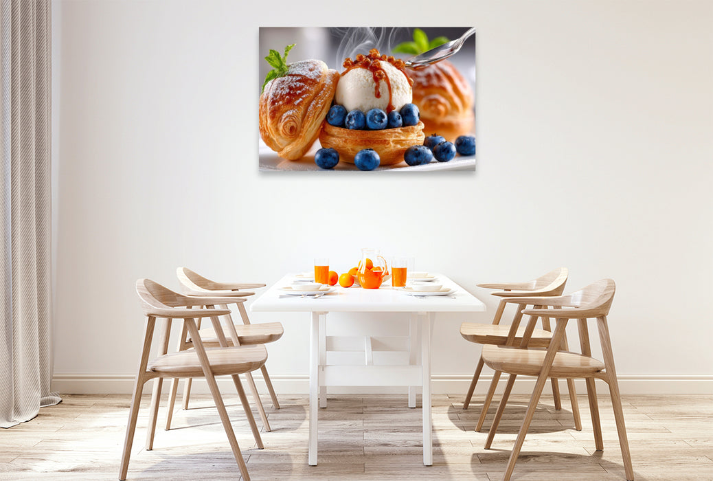 Premium Textil-Leinwand Windbeutelgenuss mit Heidelbeeren