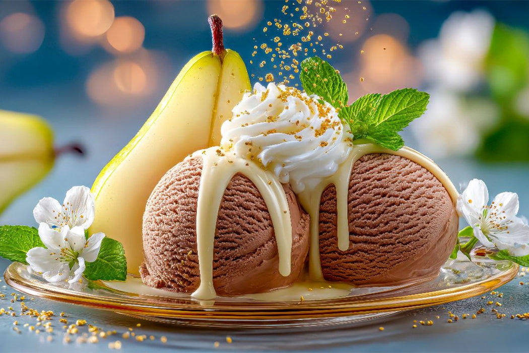 Premium Textil-Leinwand Schokoladeneis vereint mit köstlich süßer Birne