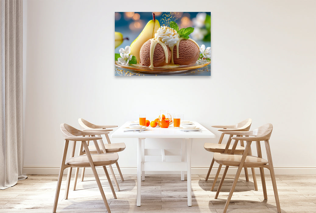 Premium Textil-Leinwand Schokoladeneis vereint mit köstlich süßer Birne