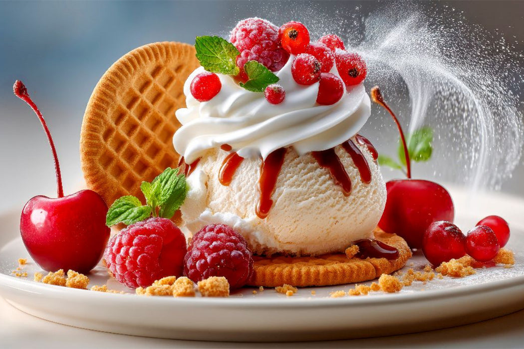 Premium Textil-Leinwand Eine verführerische Verbindung - Eis, frisches Obst und Keks