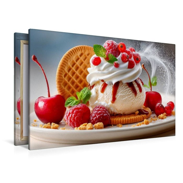 Premium Textil-Leinwand Eine verführerische Verbindung - Eis, frisches Obst und Keks