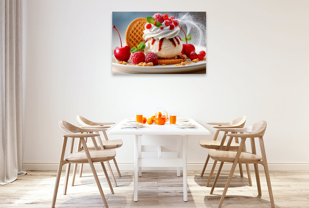 Premium Textil-Leinwand Eine verführerische Verbindung - Eis, frisches Obst und Keks