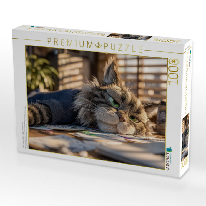 Faule Katze im Büro mit genervtem Blick - CALVENDO Foto-Puzzle'