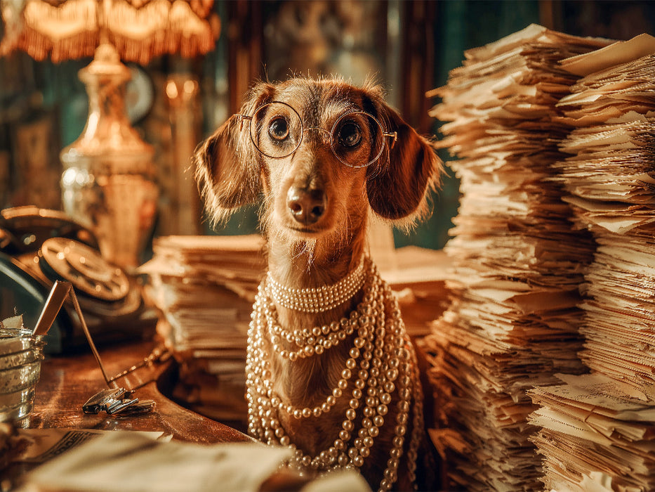 Hundepuzzle Dackel im Büro mit Brille und Perlenkette - CALVENDO Foto-Puzzle'