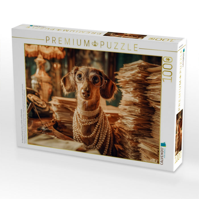 Hundepuzzle Dackel im Büro mit Brille und Perlenkette - CALVENDO Foto-Puzzle'
