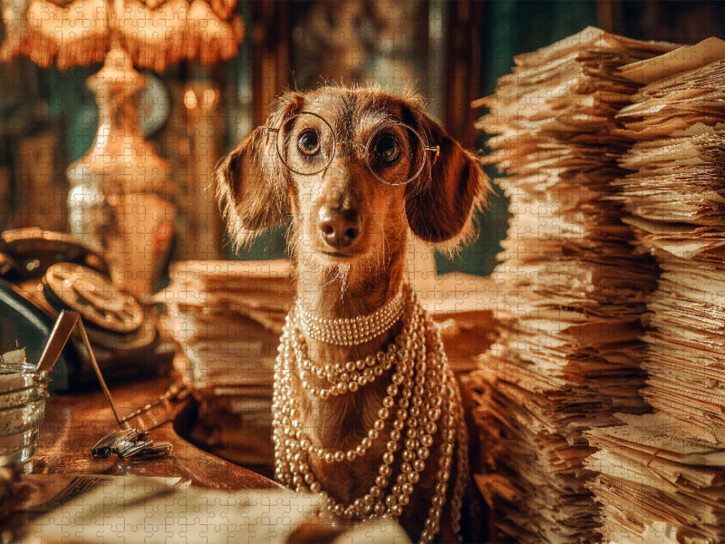 Hundepuzzle Dackel im Büro mit Brille und Perlenkette - CALVENDO Foto-Puzzle'