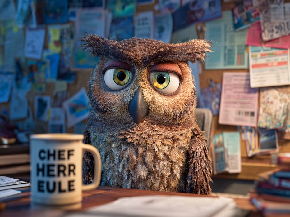 Büro-Eule mit Kaffeetasse und genervtem Blick - CALVENDO Foto-Puzzle'