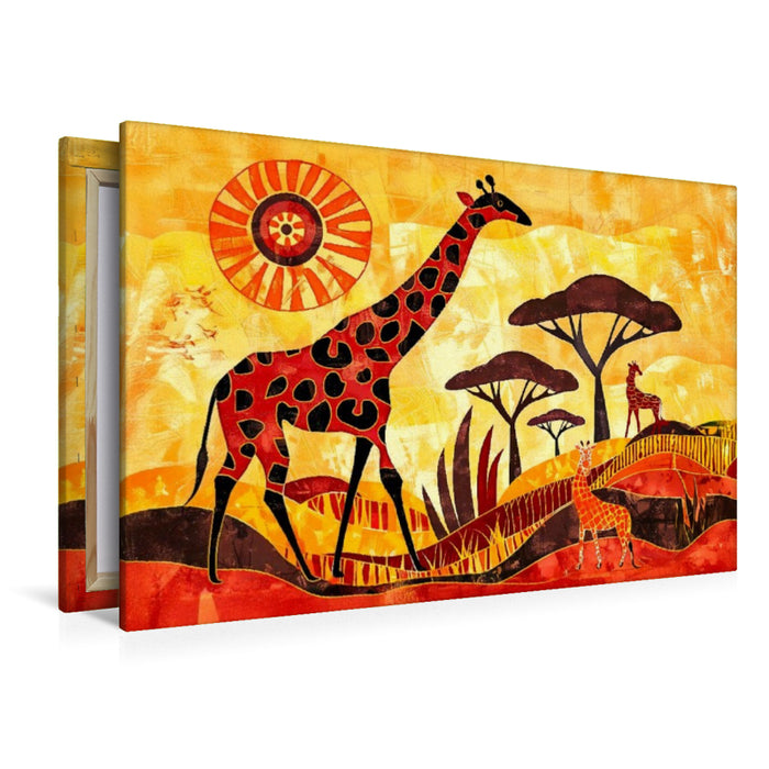 Premium Textil-Leinwand Giraffenfamilie vor kunstvoller Savannensonne