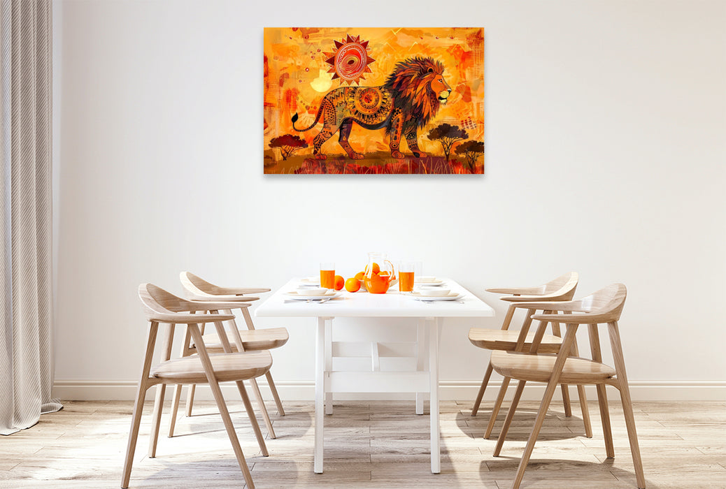 Premium Textil-Leinwand Löwe in leuchtender Savannenlandschaft