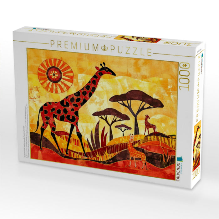 Giraffenfamilie vor kunstvoller Savannensonne - CALVENDO Foto-Puzzle'