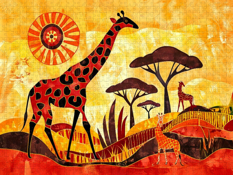 Giraffenfamilie vor kunstvoller Savannensonne - CALVENDO Foto-Puzzle'