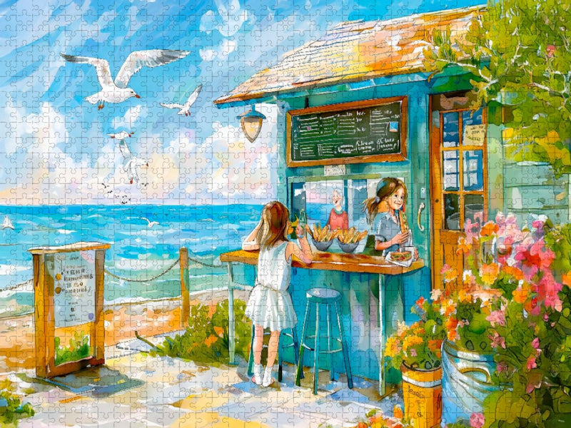 Kinder und Möwen mit Fischbrötchen im Imbiss - CALVENDO Foto-Puzzle'