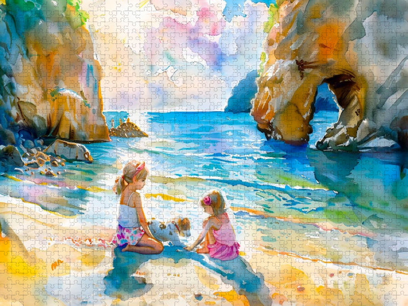 Zwei Mädchen mit Hund am Felsentor - CALVENDO Foto-Puzzle'