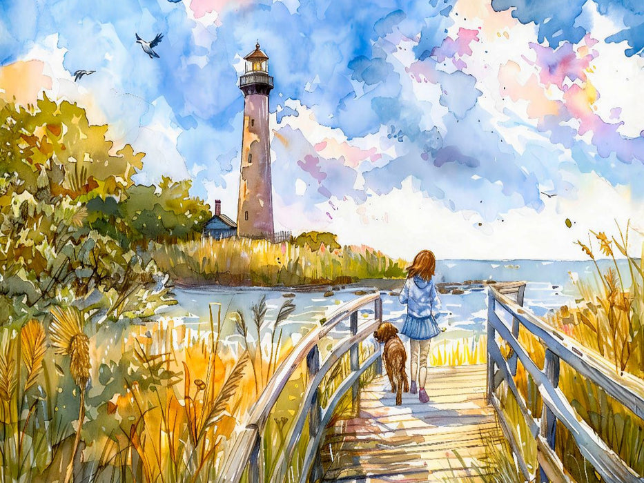 Kind mit Hunde am Steg zum Leuchtturm - CALVENDO Foto-Puzzle'