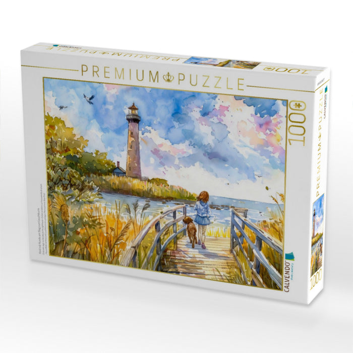 Kind mit Hunde am Steg zum Leuchtturm - CALVENDO Foto-Puzzle'
