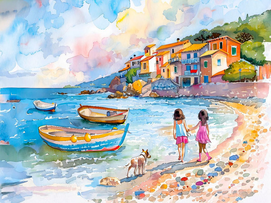 Zwei Kinder mit Hund an mediterranem am Bootsstrand - CALVENDO Foto-Puzzle'