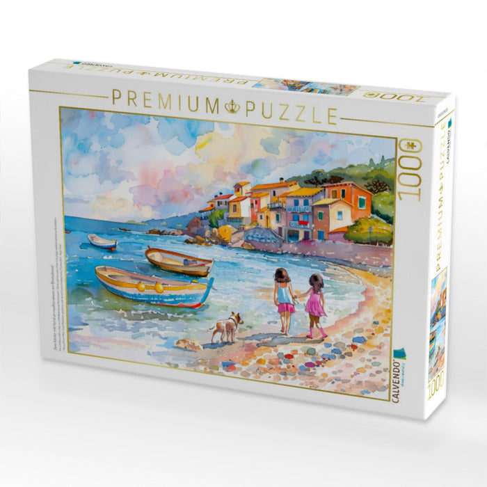 Zwei Kinder mit Hund an mediterranem am Bootsstrand - CALVENDO Foto-Puzzle'