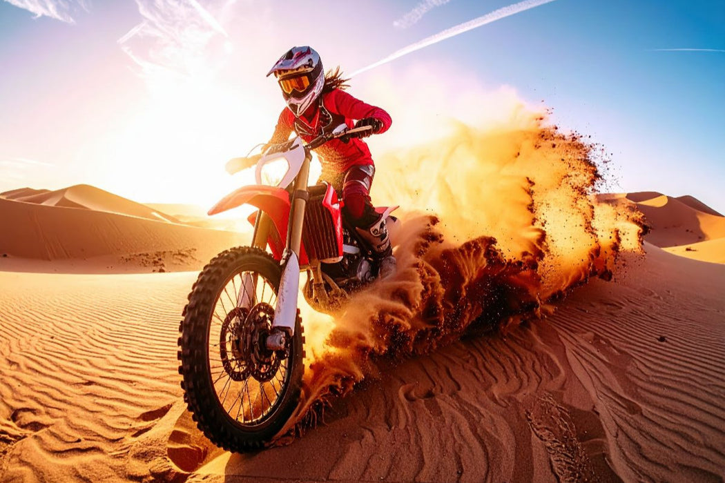 Premium Textil-Leinwand Fahrerin im Gegenlicht in der Wüste, der Sand fliegt aufgewühlt hoch