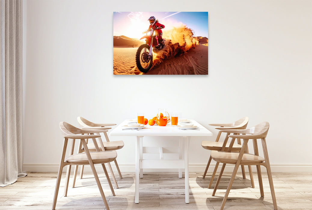 Premium Textil-Leinwand Fahrerin im Gegenlicht in der Wüste, der Sand fliegt aufgewühlt hoch