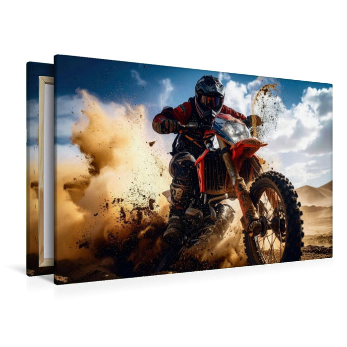 Premium Textil-Leinwand Spektakuläre Fahrt eines Fahrers, Weitwinkelaufnahme aus Froschperspektive