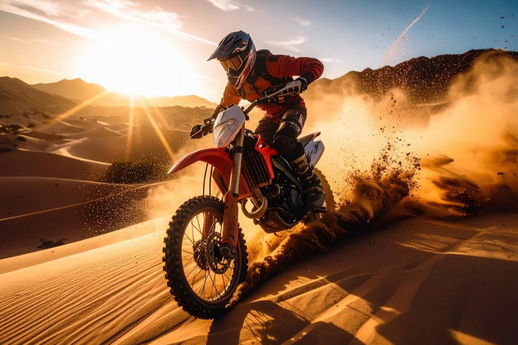 Premium Textil-Leinwand Mit hoher Geschwindigkeit rast der Fahrer durch den Wüstensand