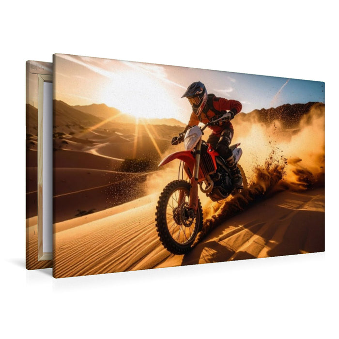 Premium Textil-Leinwand Mit hoher Geschwindigkeit rast der Fahrer durch den Wüstensand