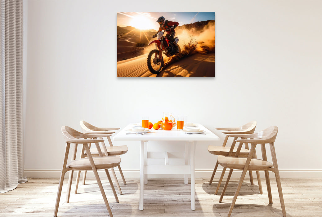 Premium Textil-Leinwand Mit hoher Geschwindigkeit rast der Fahrer durch den Wüstensand