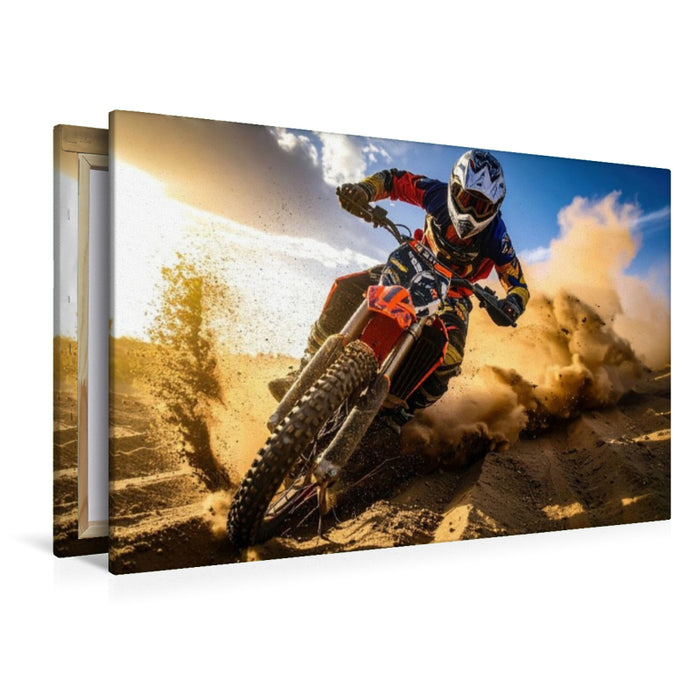 Premium Textil-Leinwand Dynamisch fährt der Fahrer i, Licht der untergehenden Sonne durch die Wüste