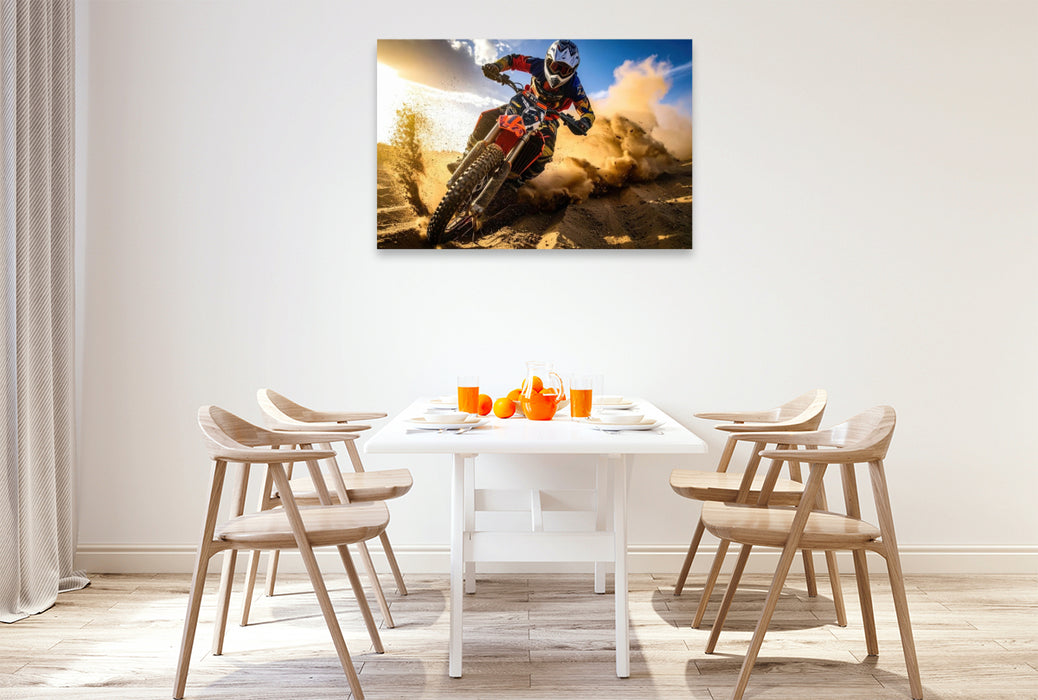 Premium Textil-Leinwand Dynamisch fährt der Fahrer i, Licht der untergehenden Sonne durch die Wüste