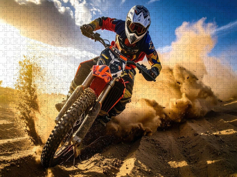 Dynamisch fährt der Fahrer i, Licht der untergehenden Sonne durch die Wüste - CALVENDO Foto-Puzzle'