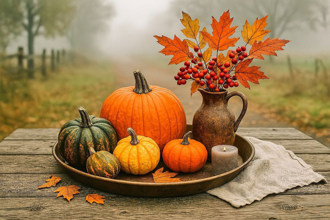 Premium Textil-Leinwand Herbststille mit Kürbissen