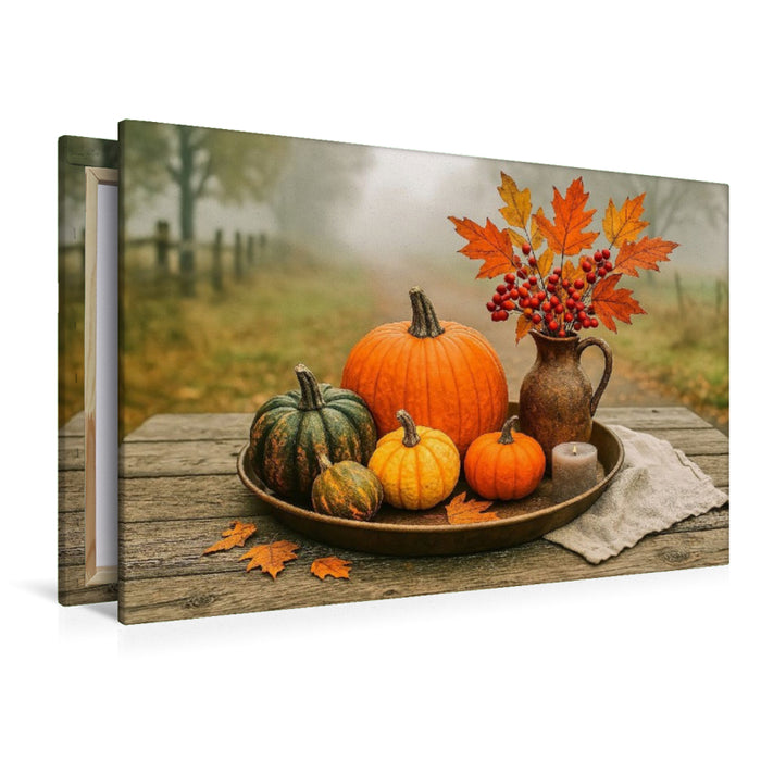 Premium Textil-Leinwand Herbststille mit Kürbissen