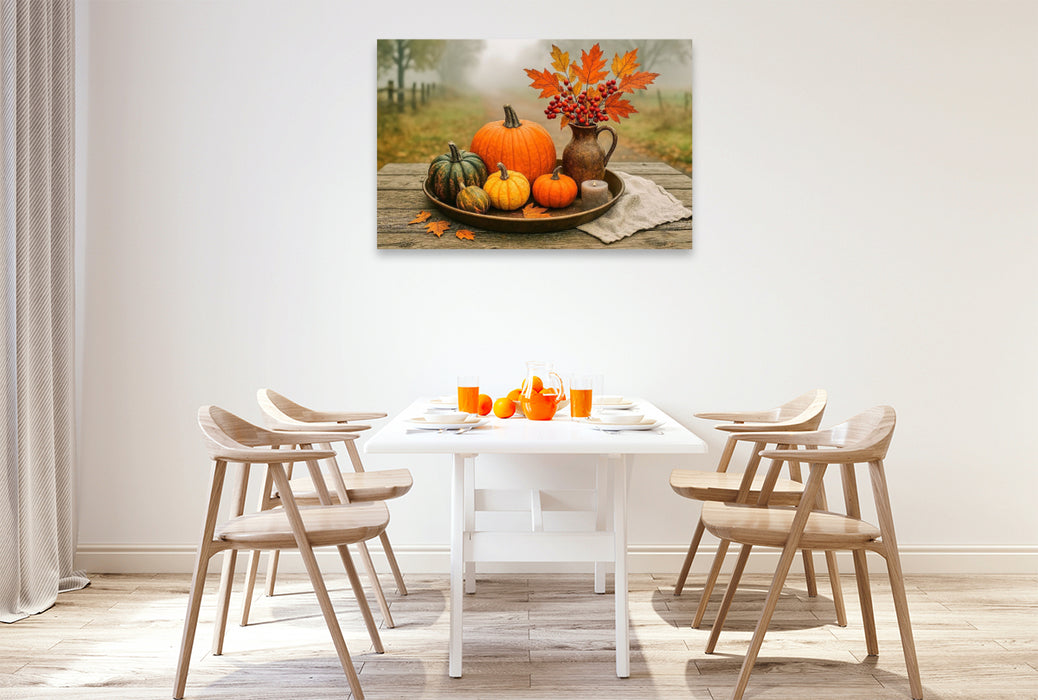 Premium Textil-Leinwand Herbststille mit Kürbissen