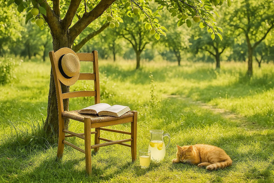 Premium Textil-Leinwand Lesepause im Sommerlicht