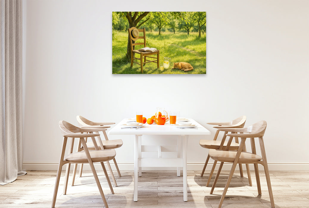 Premium Textil-Leinwand Lesepause im Sommerlicht