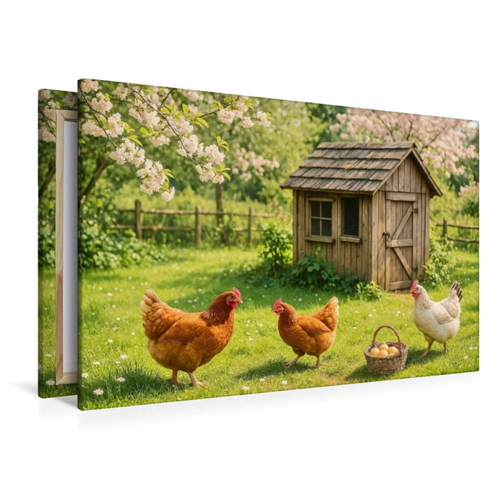 Premium Textil-Leinwand Zwischen Blüten und Hühnerfedern