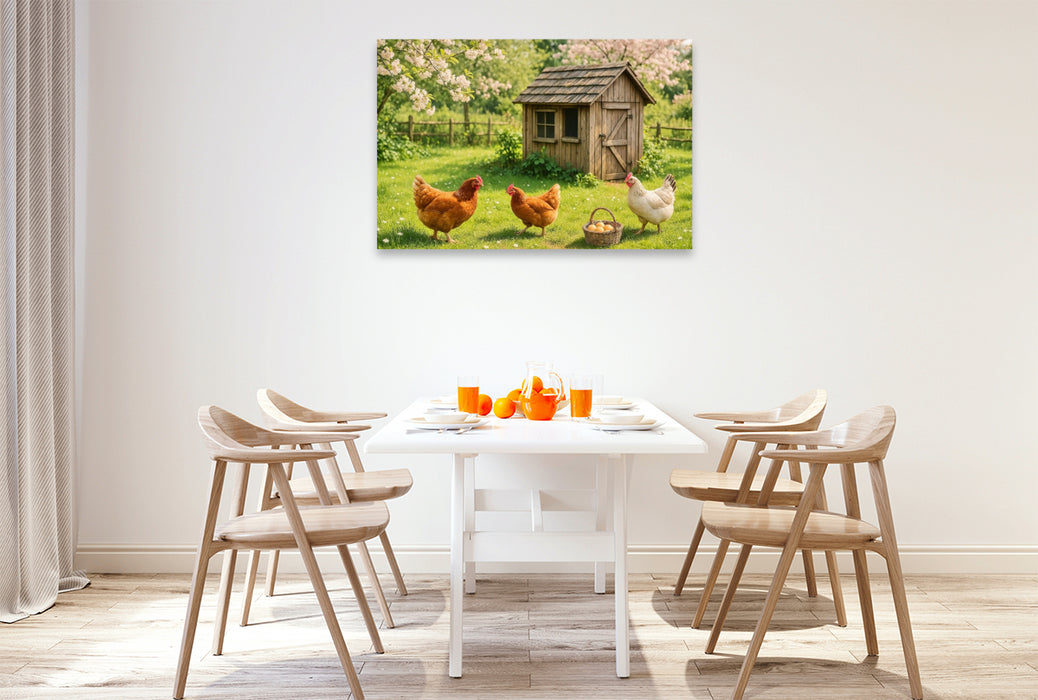 Premium Textil-Leinwand Zwischen Blüten und Hühnerfedern