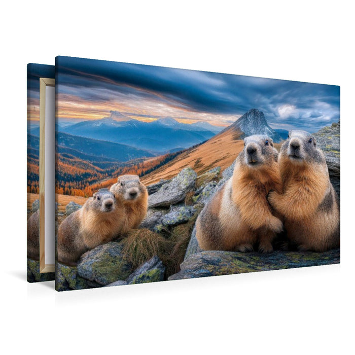 Premium Textil-Leinwand Hallo, wir sind´s - die Murmeltierfamilie