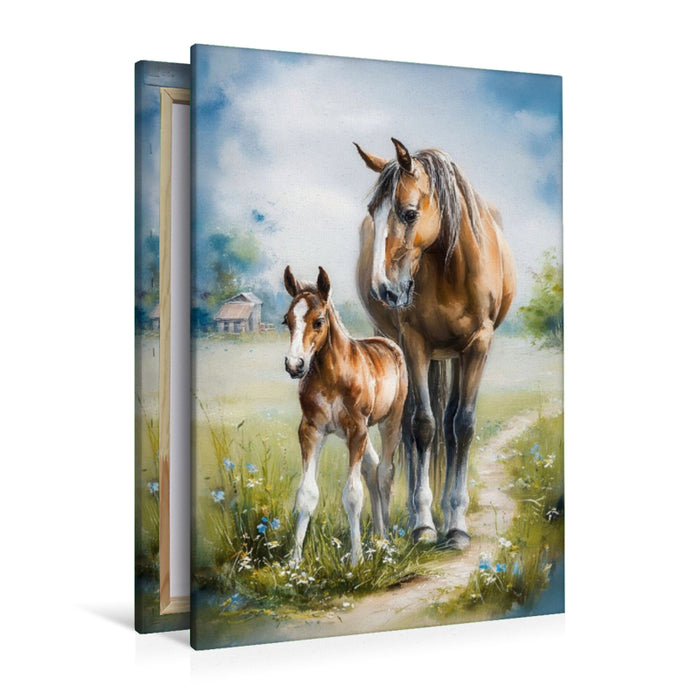 Premium Textil-Leinwand Die Pferdemama bewacht ihr Fohlen