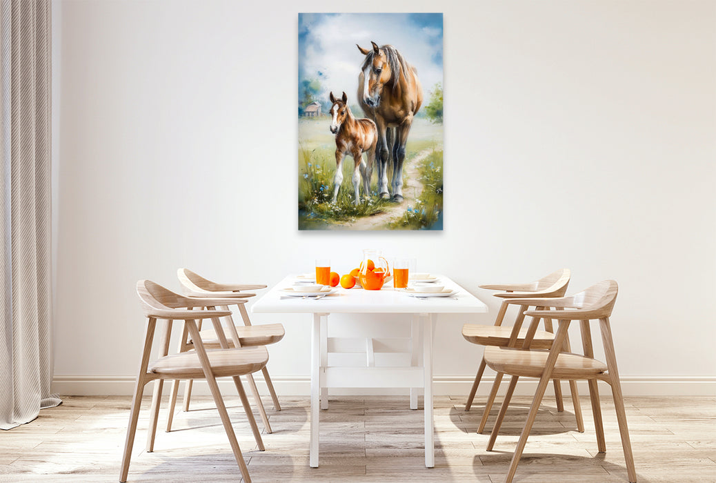 Premium Textil-Leinwand Die Pferdemama bewacht ihr Fohlen
