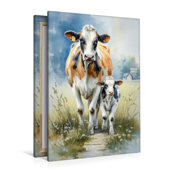 Premium Textil-Leinwand Diese Kalb wird liebevoll großgezogen