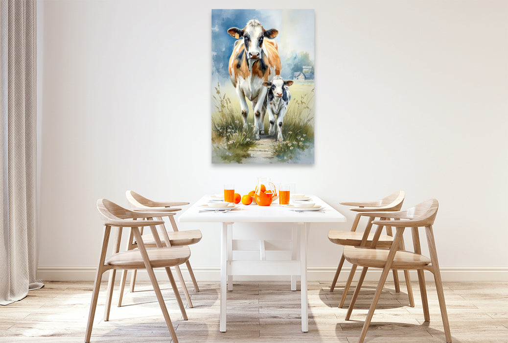 Premium Textil-Leinwand Diese Kalb wird liebevoll großgezogen